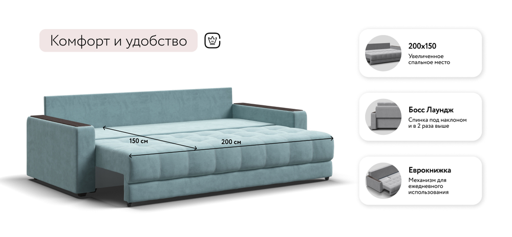 Диван Босс Велюр Монолит аква