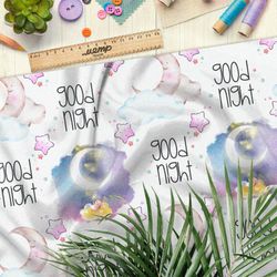 Ткань шелк Армани акварельное ночное небо с ярким месяцем