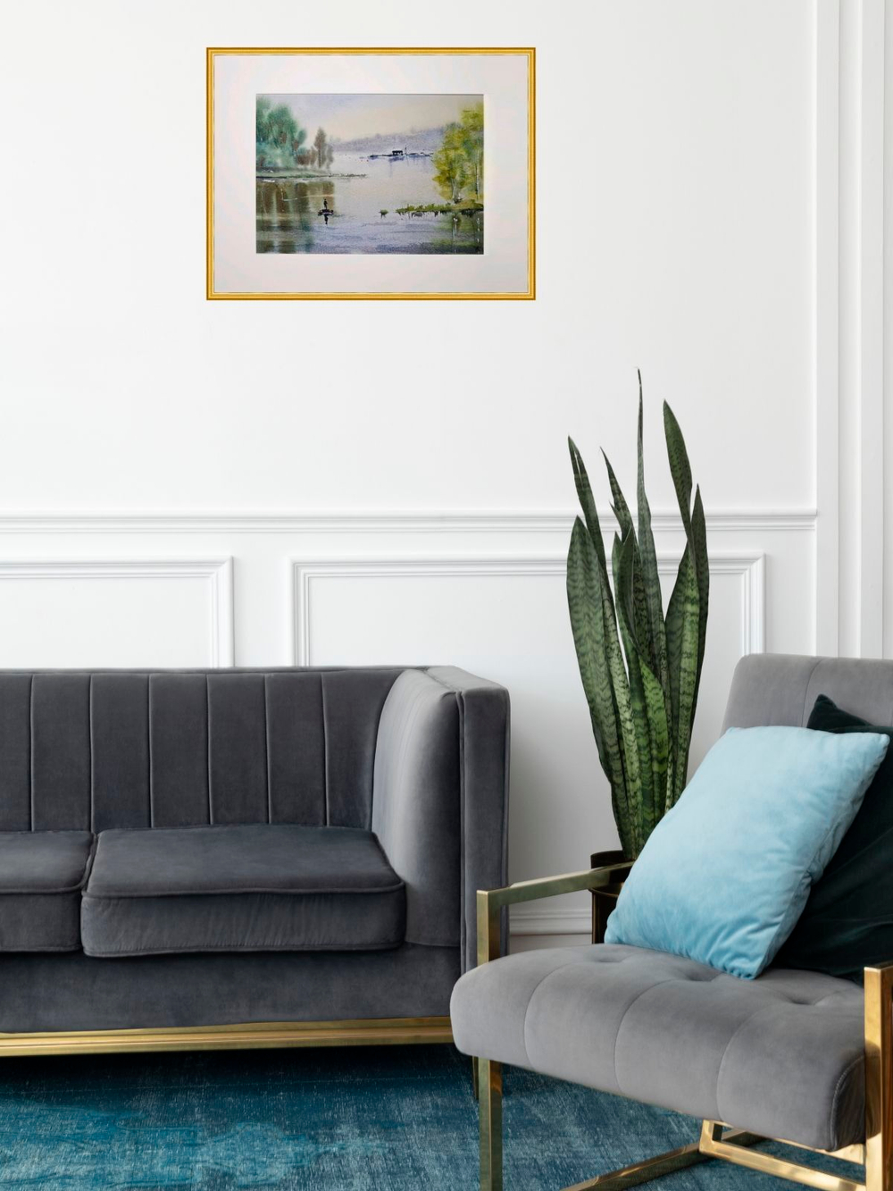 Картина авторская акварельная в паспарту 30х40 см на стену для интерьера "Туманное утро на Ладоге"