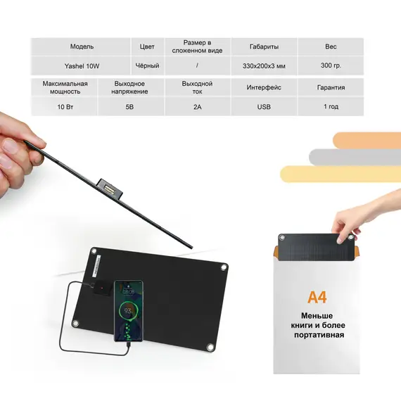 Туристическая солнечная панель YASHEL 10 Ватт
