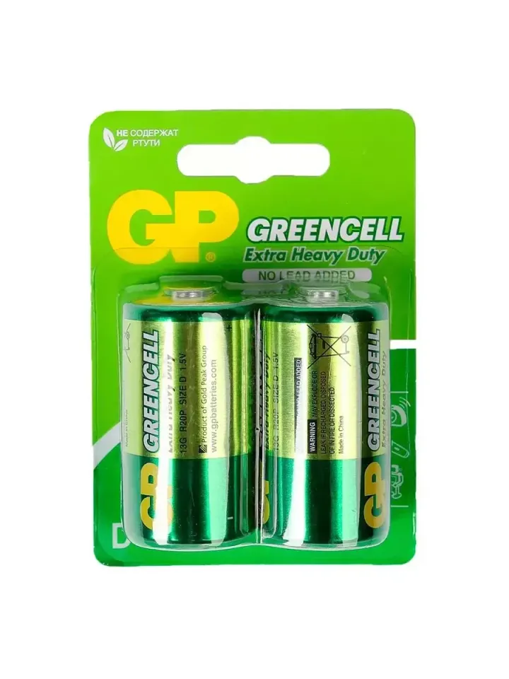 Батарейка солевая GP Greencell Extra Heavy Duty R20-2BL