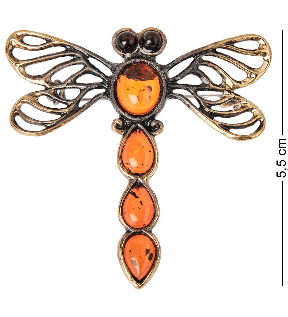 AM-1661 Брошь «Стрекоза Егоза» (латунь, янтарь)
