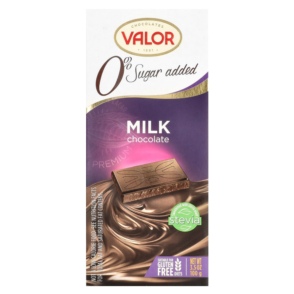 Valor, плиточный молочный шоколад со стевией, без добавления сахара, 100 г (3,5 унции)