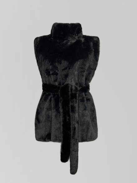 Жилетка Анжелика однотонная меховая с высоким горлом и поясом