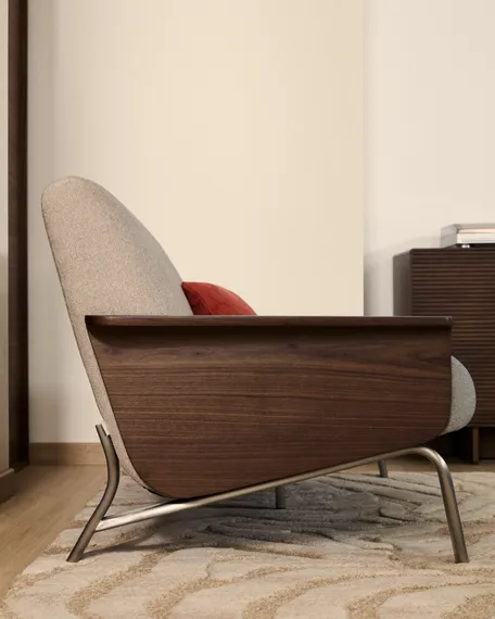 Двухместный диван Amsen, светло-коричневый с подлокотниками из шпона ореха