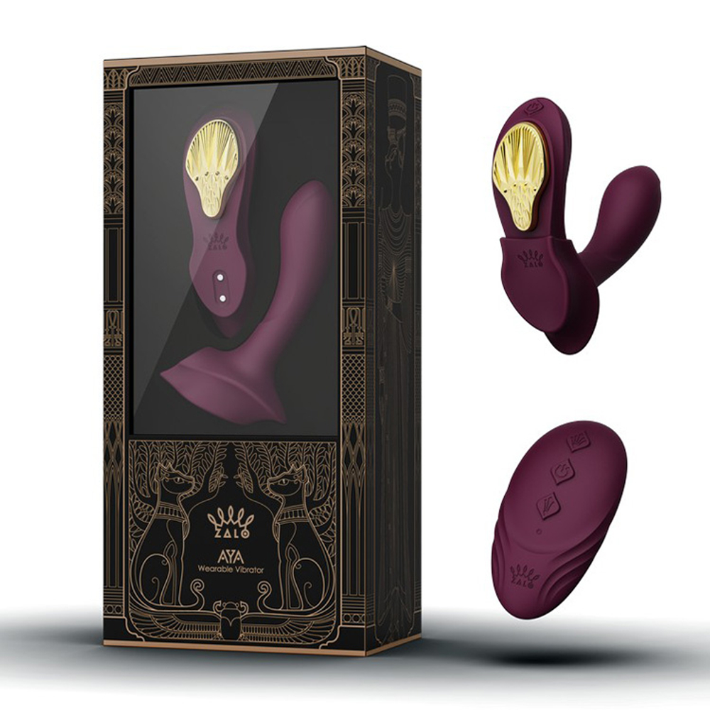 Фиолетовый вибромассажёр в трусики 8,5см с насадкой и пультом ДУ + управление через приложение Zalo Aya Wearable Vibrator Velvet Purple