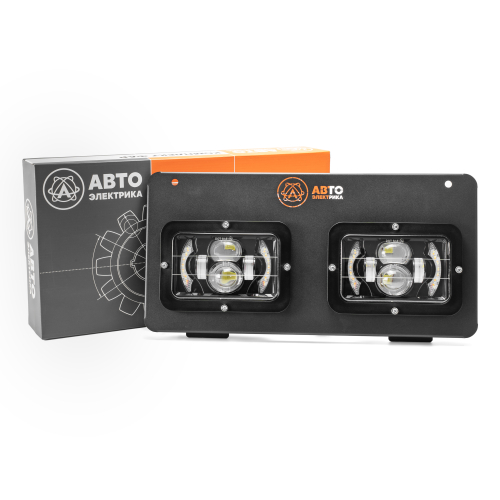 Комплект светодиодных фар (2 шт), МТЗ, 9-30 В (ближний/дальний свет, ДХО, поворотник, с рамкой крепления), прямоугольная (ан. ФГ308)