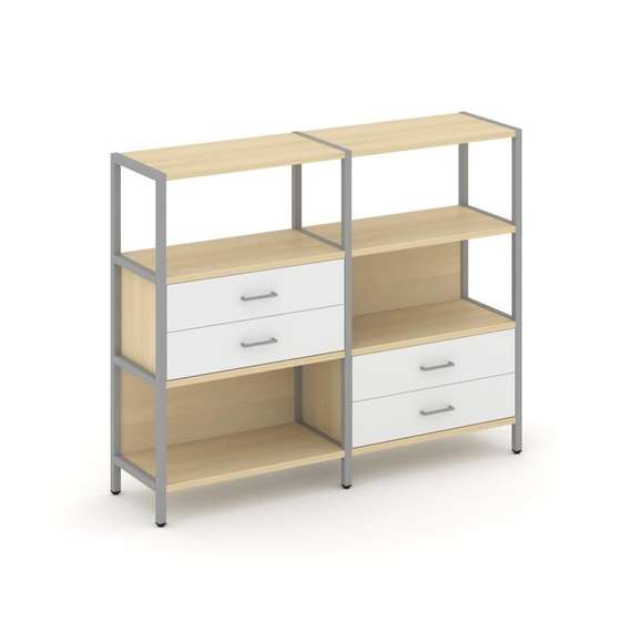 Shelf System Двухсекционный стеллаж трехярусный с ящиками SN.STM-323 Акация Лорка/Белый/Металл Серый