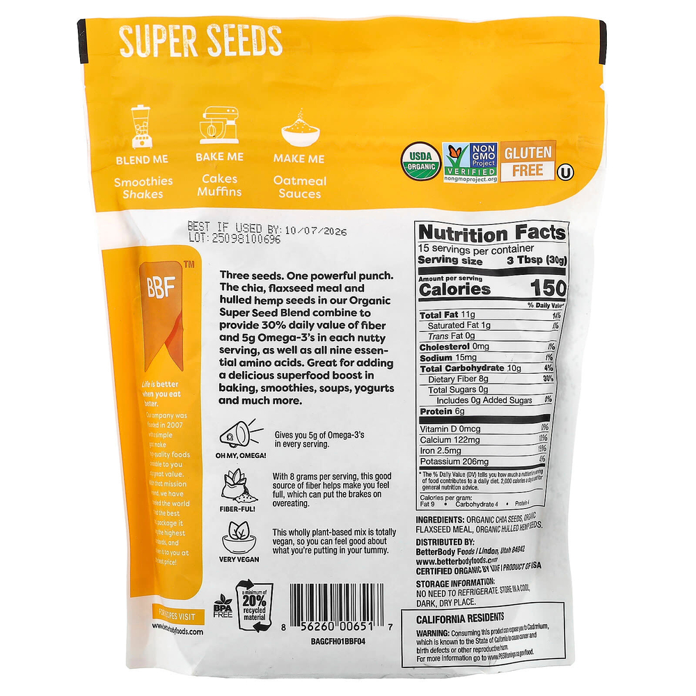 BetterBody Foods, органические суперсемена, 454 г (16 унций)