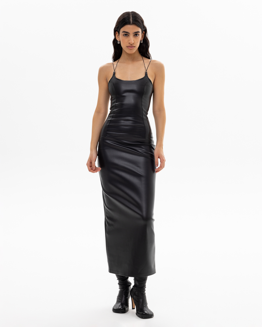 V-LEATHER MAXI DRESS