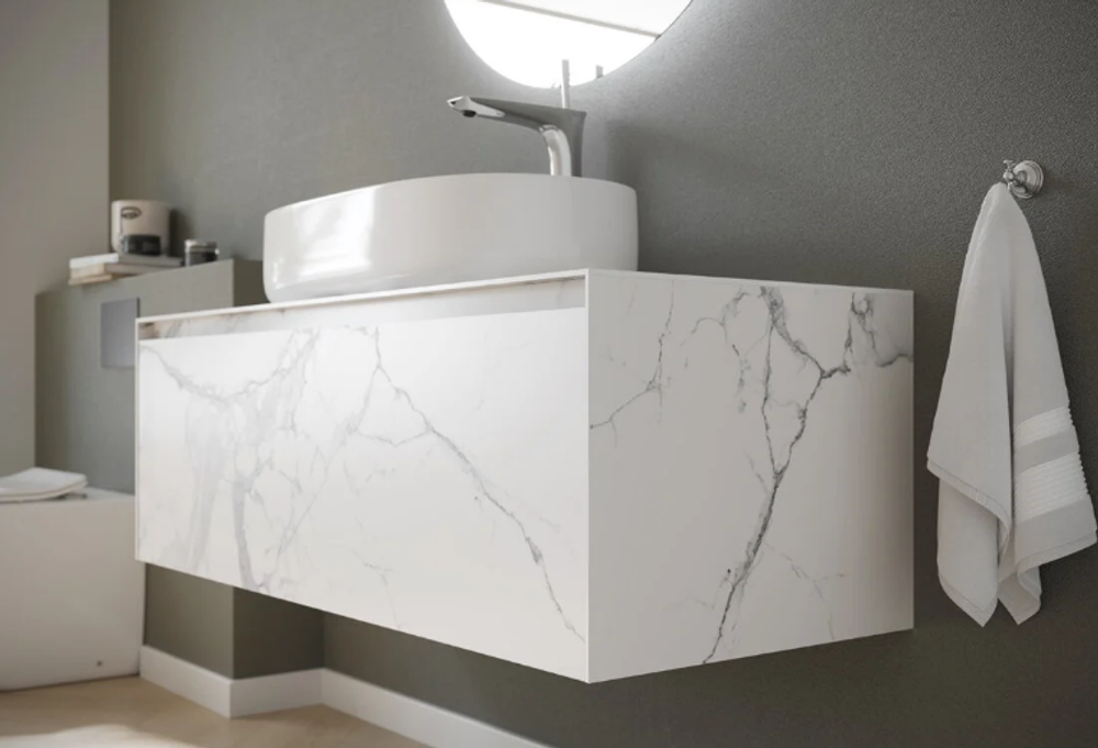 Тумба подвесная SANCOS Stone из керамогранита с одним выдвижным ящиком и столешницей из керамогранита 1200х400х495, керамогранит Statuario white, арт. ST120SV