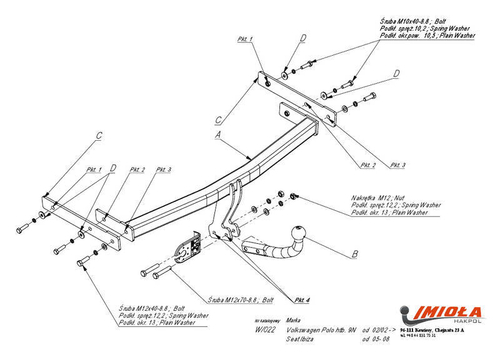 Фаркоп IMIOLA W.022 Volkswagen Polo хетчбек 2002-2009, SEAT Ibiza 2002-2008(паспорт и сертификат в комплекте)(без электрики)