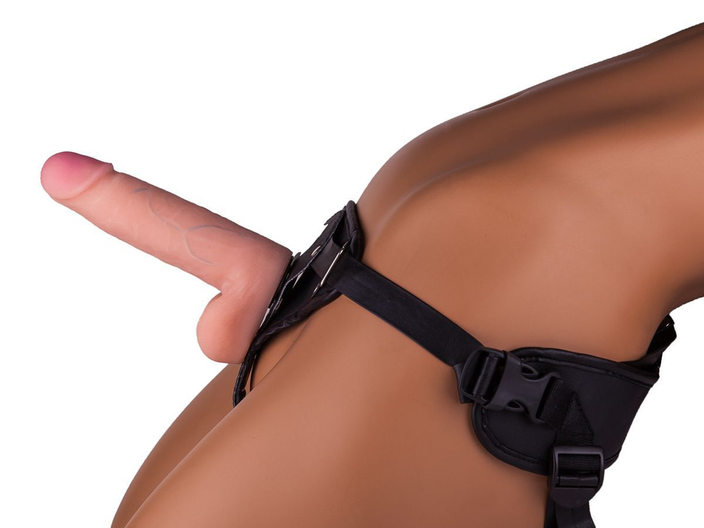 Кожаный пояс харнесс премиум класса WOMAN LONG(S) с 3 насадками (Цвет: телесный с черным)