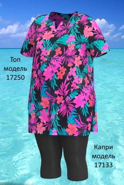 Купальный топ 17250 розовые цветы на черном фоне