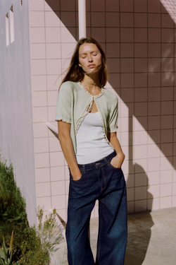 ZARA КАРДИГАН С БАНТОМ И КРУЖЕВОМ, ПАСТЕЛЬНО-ЗЕЛЕНЫЙ