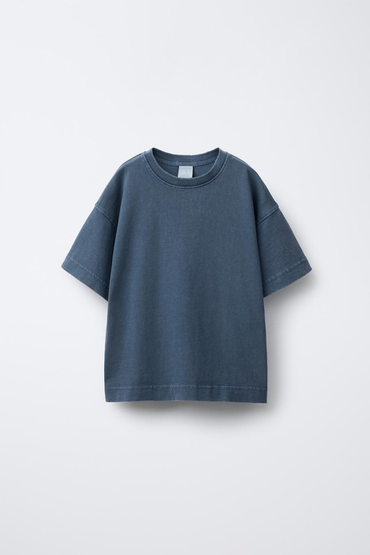 ZARA ФУТБОЛКА HEAVY WEIGHT ИЗ ТКАНИ С ЭФФЕКТОМ ПОТЕРТОСТИ, СИНИЙ