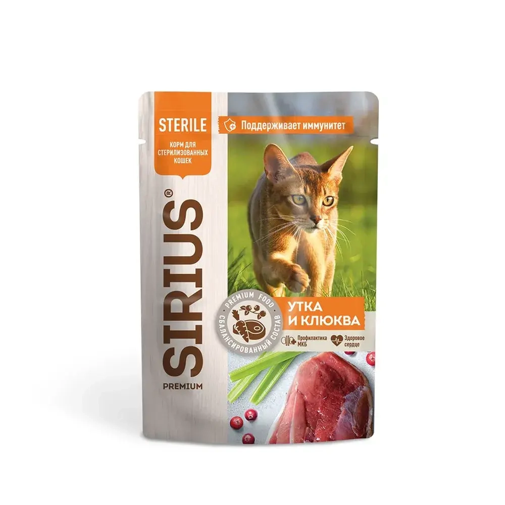 Sirius STERILE Влажный корм для стерилизованных кошек Утка и клюква, 85 гр.