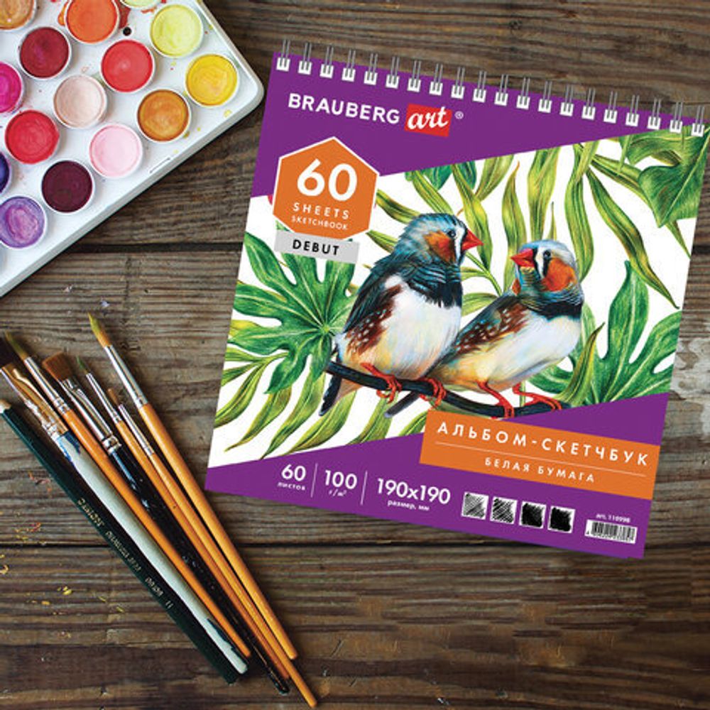 Скетчбук, белая бумага 100г/м2, 190х190мм, 60л, гребень, жёсткая подложка, BRAUBERG ART DEBUT,110998