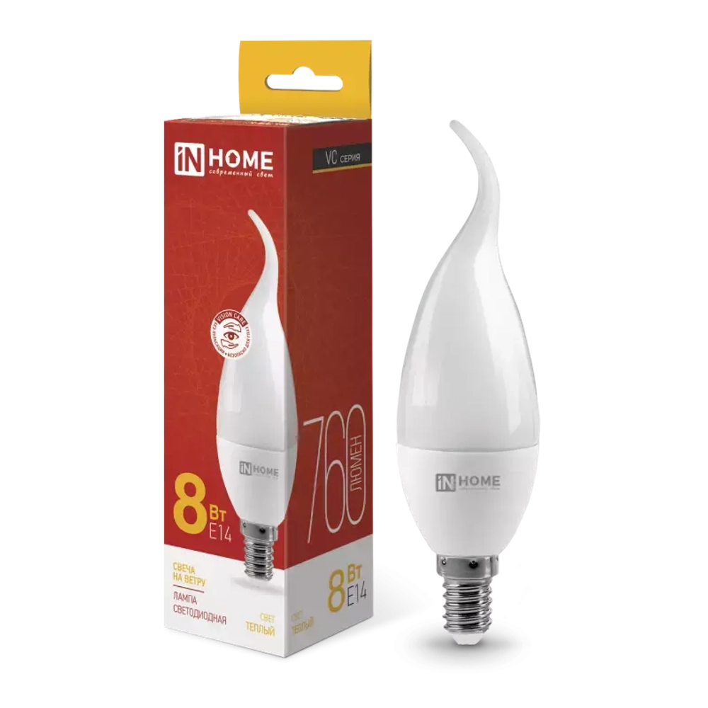 Лампа светодиодная LED-СВЕЧА НА ВЕТРУ-VC 8Вт 230В Е14 3000К ТЕПЛЫЙ СВЕТ 760Лм IN HOME