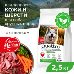 Корм сухой для взрослых собак крупных пород, премиум полнорационный комплекс, здоровье кожи и шерсти, с ягненком, 2,5 кг, QUATTRO