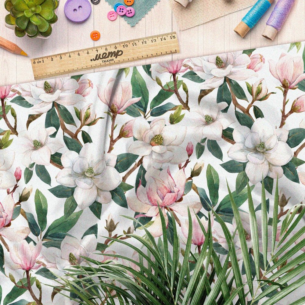 Ткань поплин пышные бело-розовые цветы