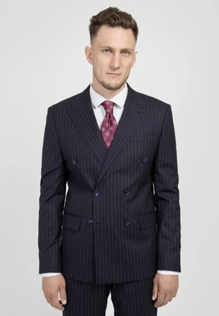 Мужской двубортный костюм в полоску (синий) А34