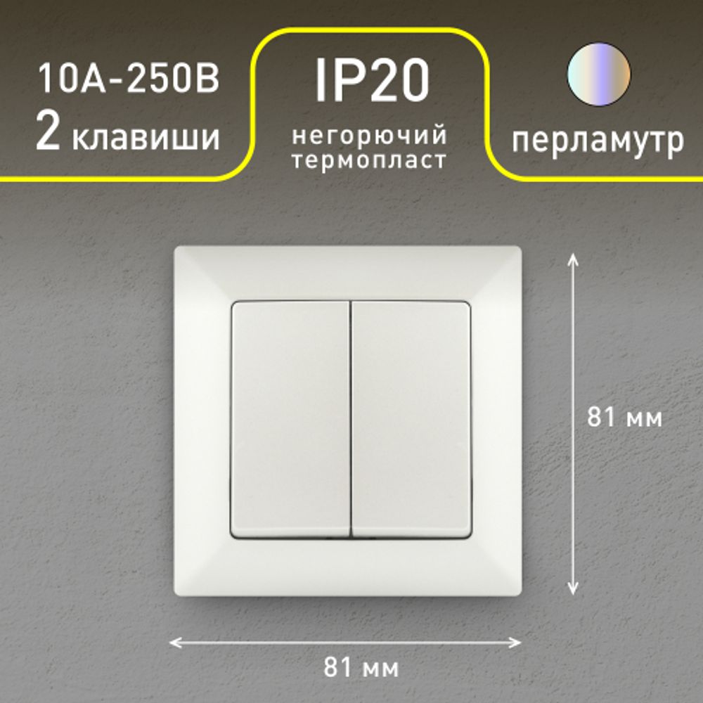 Выключатель Intro Solo 4-104-06 двухклавишный 10А-250В, IP20, СУ, перламутр