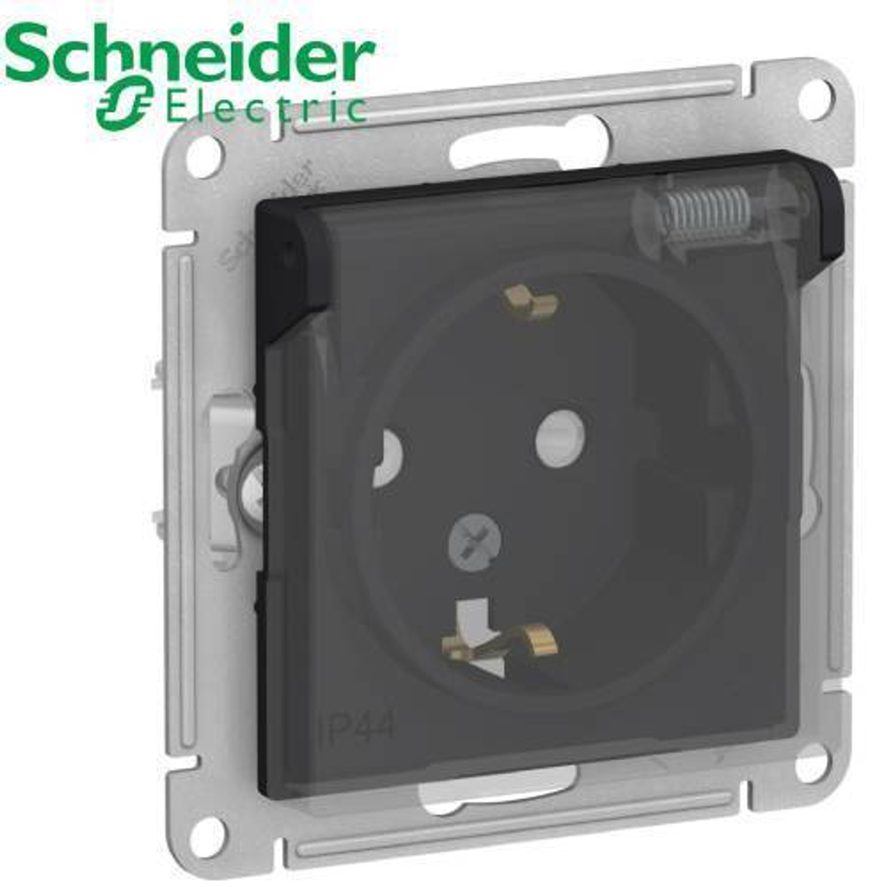 Розетка с/з со шторками с проз. крышкой (карбон) AtlasDesign Schneider ATN441046