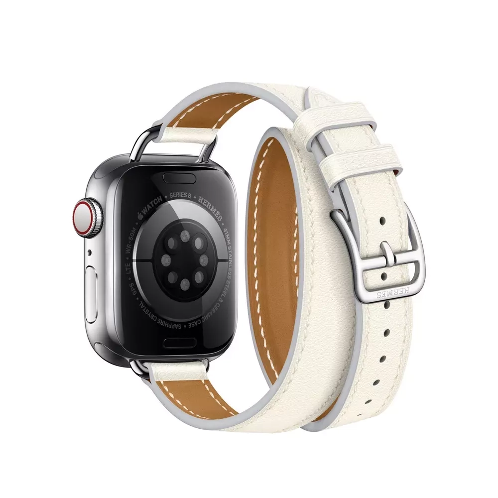 Apple Watch Series 8 Hermes 41mm, двойной тонкий кожаный ремешок белого цвета