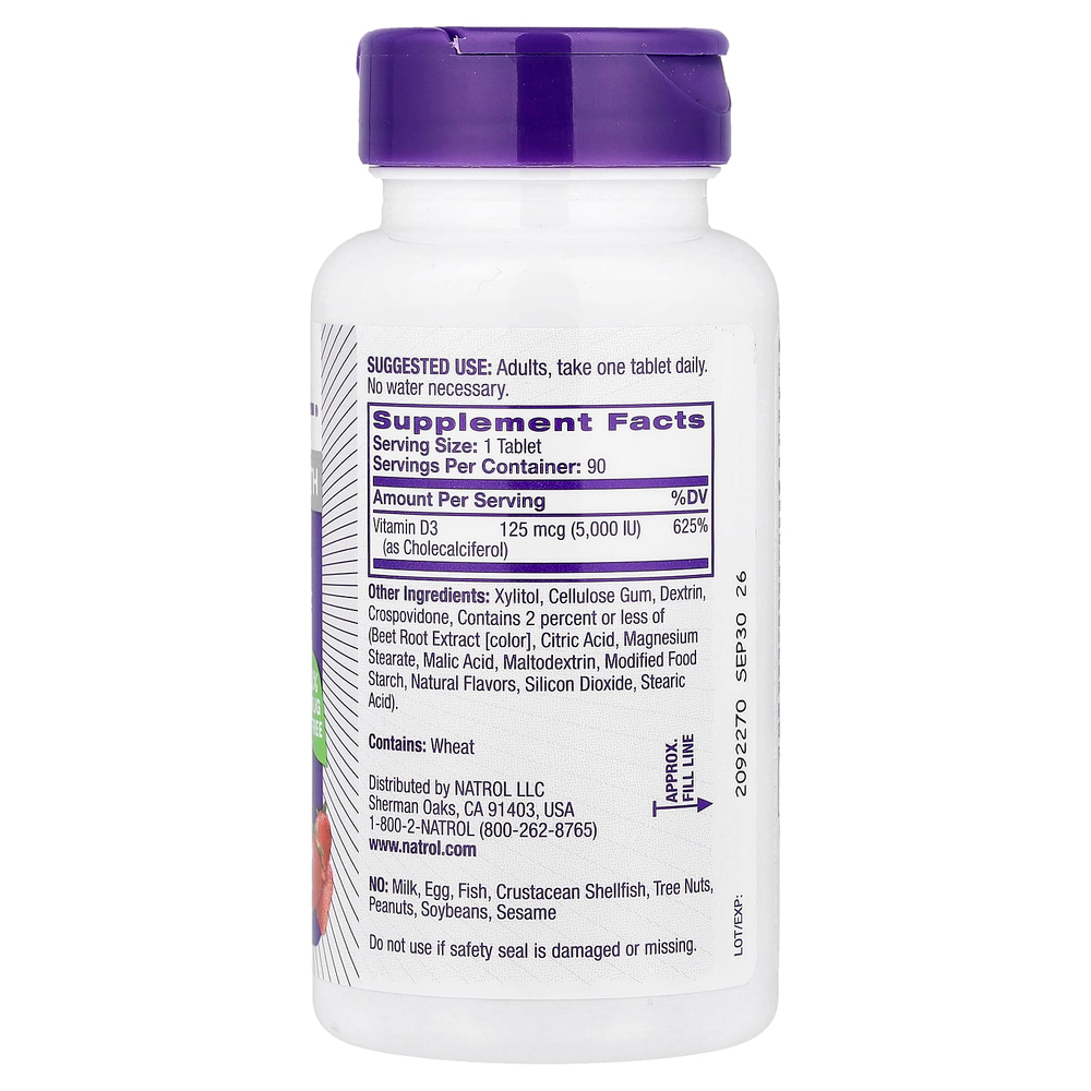 Natrol, витамин D3, со вкусом клубники, 5000 МЕ, 90 таблеток