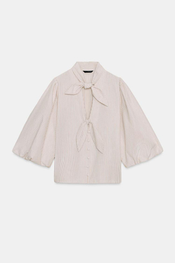 ZARA БЛУЗА В ПОЛОСКУ С ЗАВЯЗКАМИ, КОРИЧНЕВЫЙ/БЕЛЫЙ