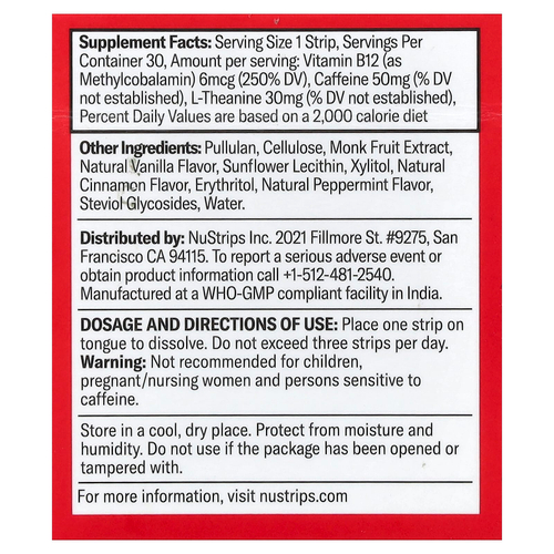 NuStrips, Energy In A Strip™, корица и ваниль, 30 полосок