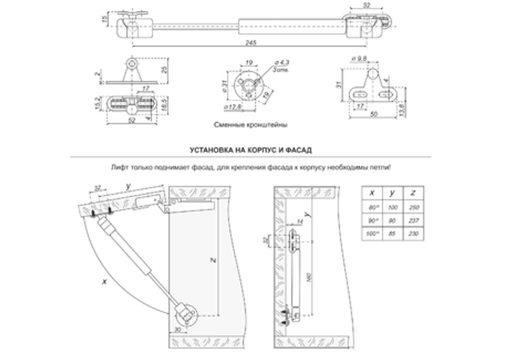 Газовый лифт 245 мм 100 Ньютонов