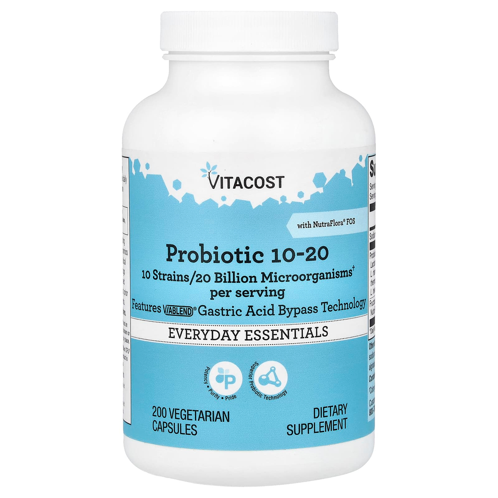 Vitacost, пробиотик 10-20 с NutraFlora® ФОС, 200 вегетарианских капсул