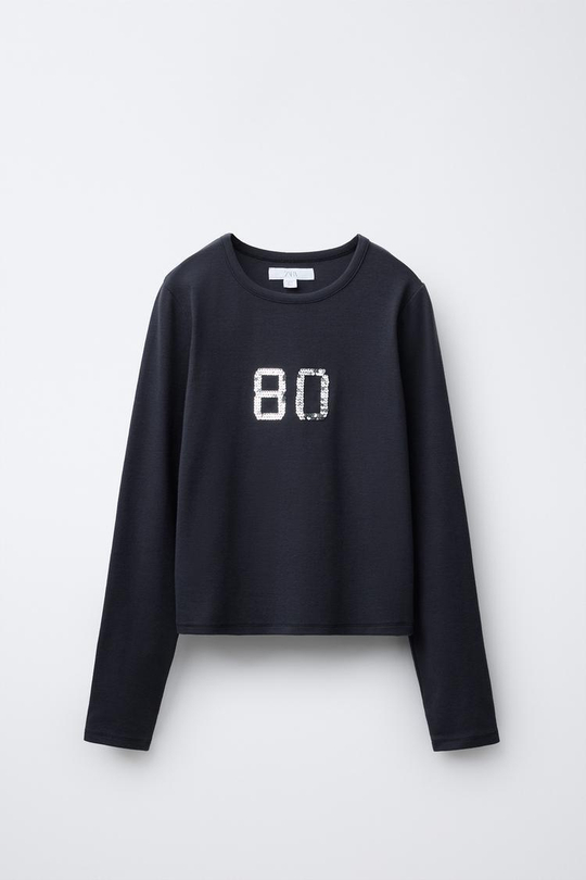 ZARA ФУТБОЛКА С ВЫШИВКОЙ И ПАЙЕТКАМИ, ТЕМНЫЙ АНТРАЦИТ