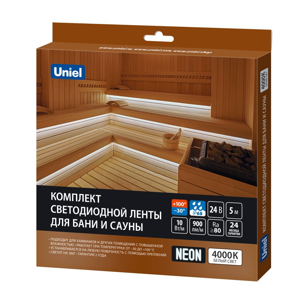ULS-N40-2835-120LED-m-16mm-IP68-DC24V-10W-m-5M-4000K NEON SET01 Комплект светодиодной ленты для бань и саун. до +100С. катушка 5м. Белый свет 4000К. Крепление в-к. TM Uniel