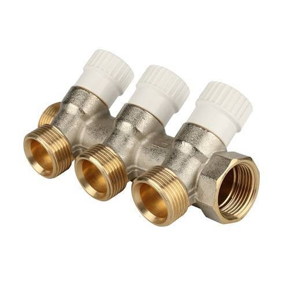 Коллектор регулирующий проходной STOUT - 3/4&quot; (НР/ВР) на 3 контура 3/4&quot;EK (евроконус)
