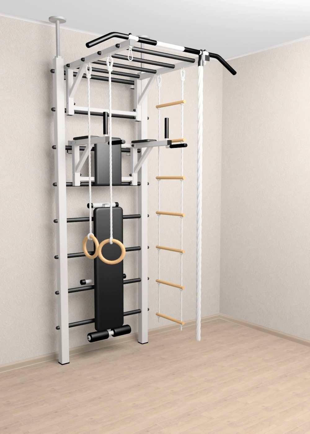 Шведская стенка Sv Sport враспор (Турник рукоход/Брусья/Скамья/Канат/Кольца/Лестница)