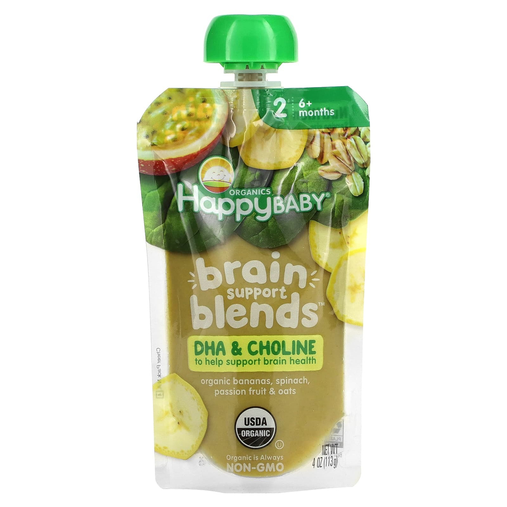 Happy Family Organics, Happy Baby®, Brain Support Blends™, смесь для поддержки мозга (Brain Support Blends™), для детей от 6 месяцев, органические бананы, шпинат, маракуйя и овсянка, 113 г (4 унции)