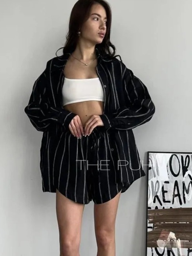 Летний женский костюм из льна с шортами