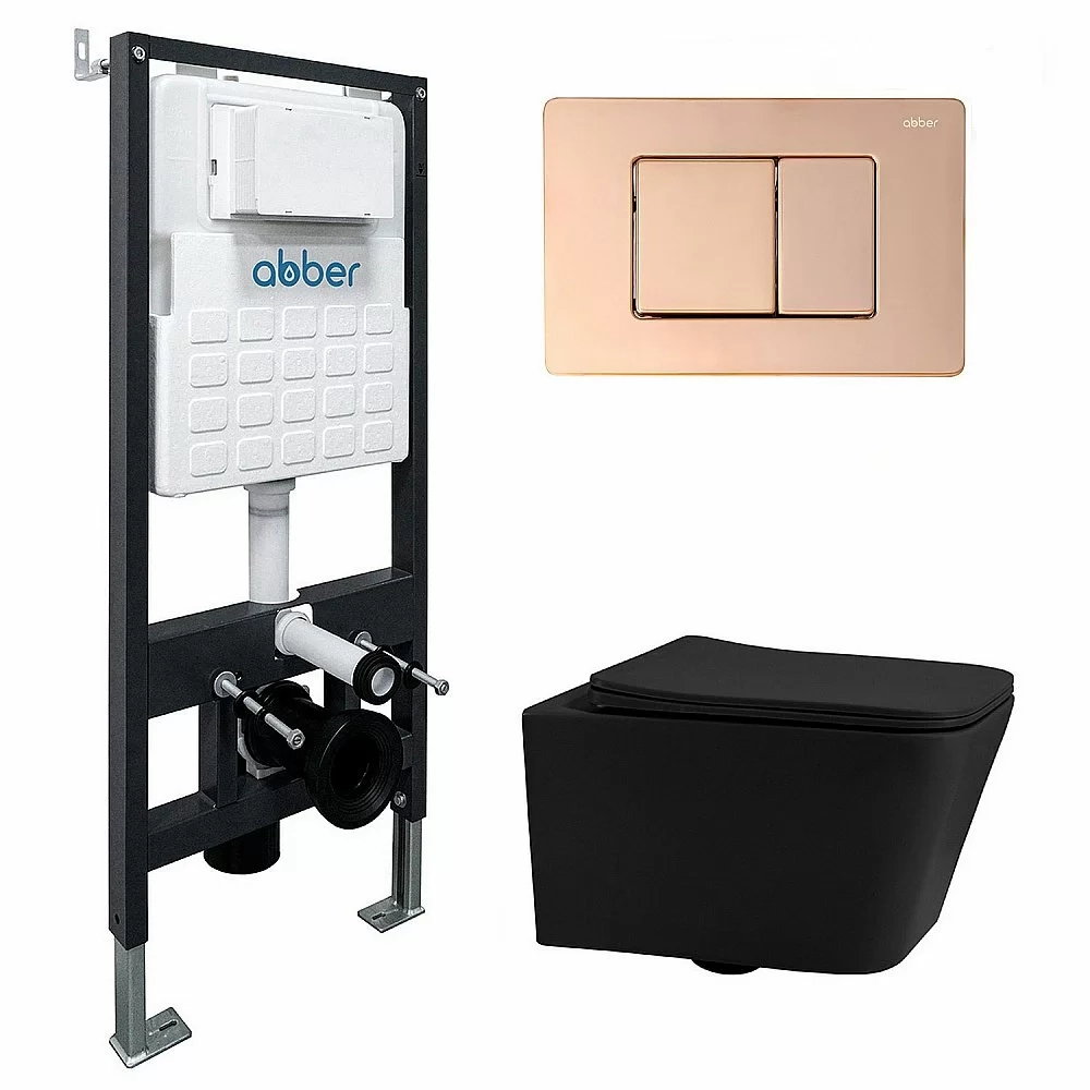 Унитаз подвесной Abber Rechteck AC1201MB-AC0105-AC0120RG черный матовый, безободковый, с инсталляцией, с крышкой микролифт, с кнопкой золото розовое