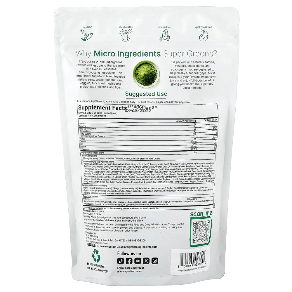 Micro Ingredients, Super Greens, суперфуды в порошке, оригинальный вкус, 454 г (1 фунт)