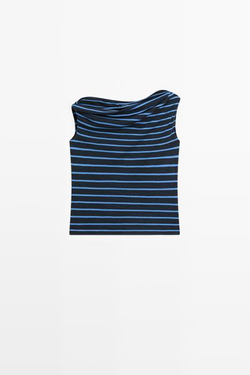 Massimo Dutti Топ из хлопка с драпировкой в полоску, синий