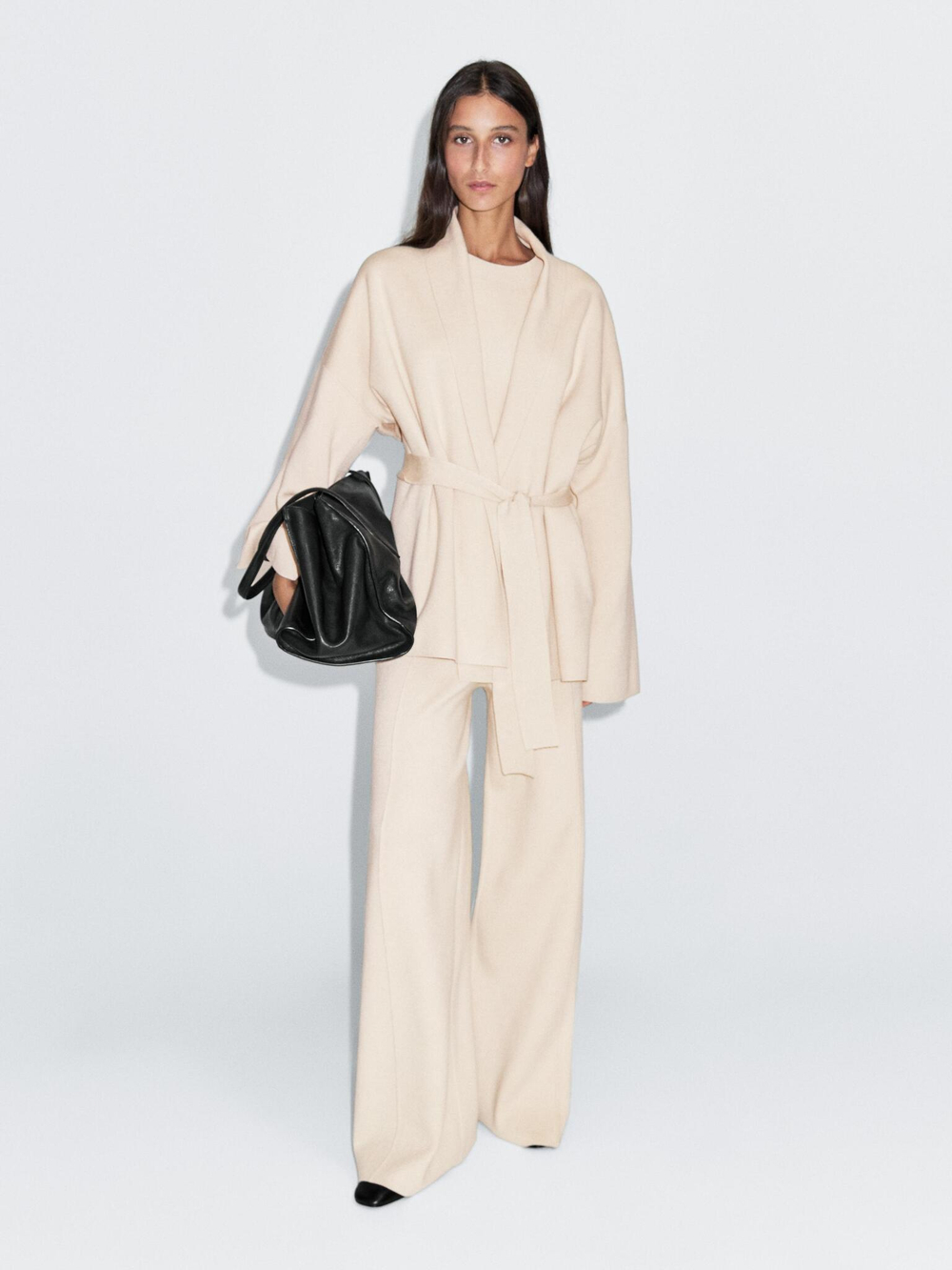 Massimo Dutti Вязаный кардиган с поясом, бежевый