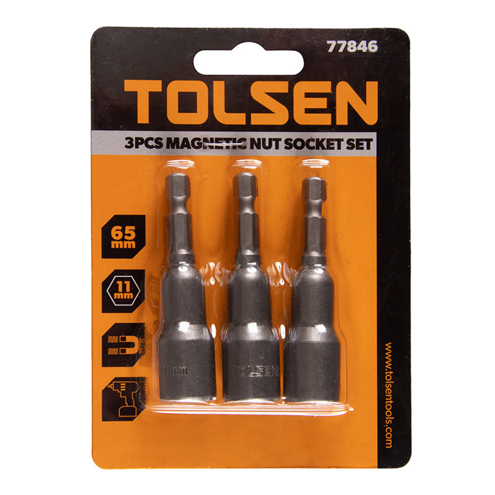 TOLSEN (TT77846) Набор головок для шуруповерта шестигранных 1/4", 11 мм, 65 мм, магнитных, 3 предмета