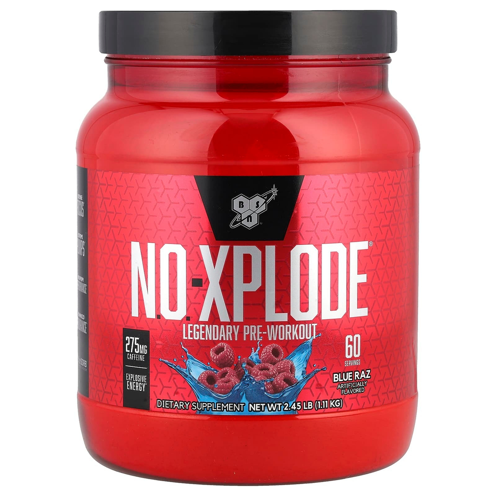 BSN, N.O.-Xplode, предтренировочный комплекс для повышения продуктивности, голубая малина, 1,11 кг (2,45 фунта)