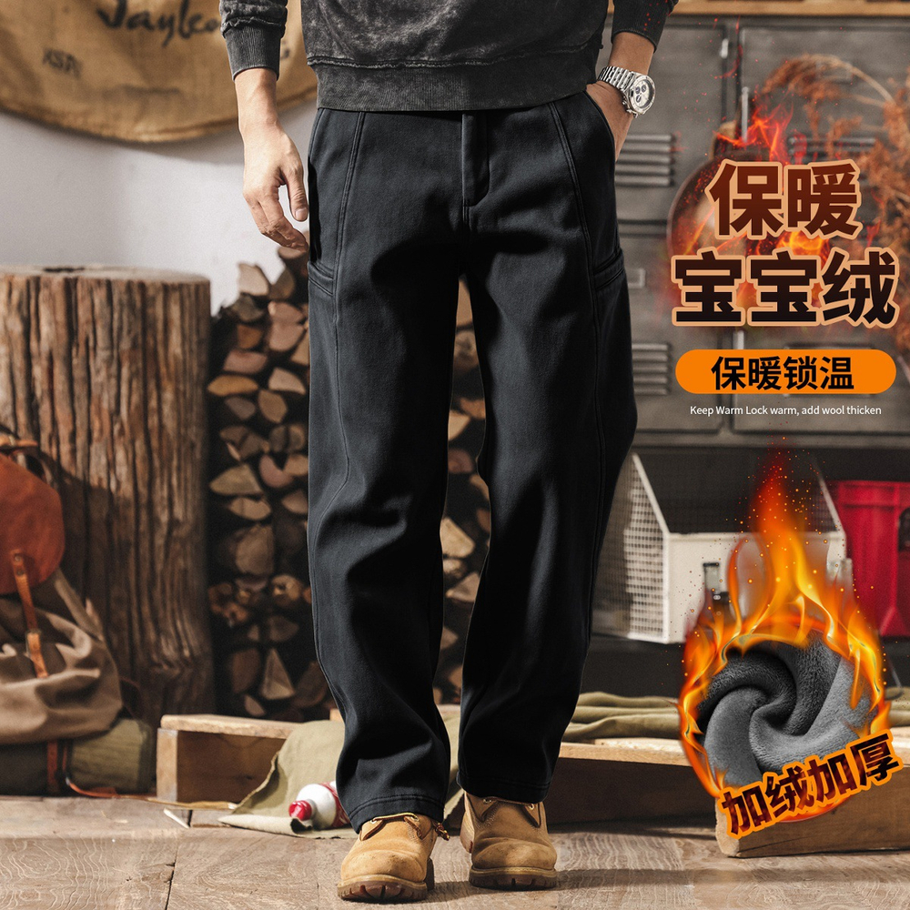 Брюки карго для мужчин, утепленные флисом, утолщенные, зимние прямые свободные повседневные длинные брюки.