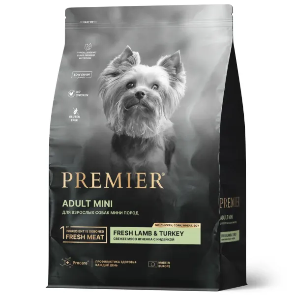 Сухой корм Premier Dog Lamb&Turkey Adult Mini для собак мелких пород из свежего мяса ягненка с индейкой