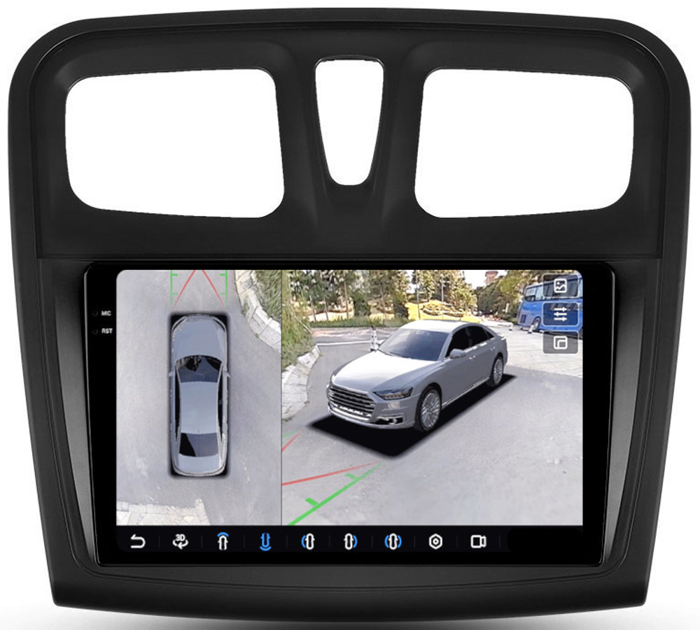 Магнитола для Renault Logan 2, Sandero 2 2014+ (рамка 9) - FarCar BX3051-9M-360 монитор 9.5" 2K QLED на Android 13, 6Гб+128Гб, CarPlay, 4G SIM-слот, 4 камеры в комплекте