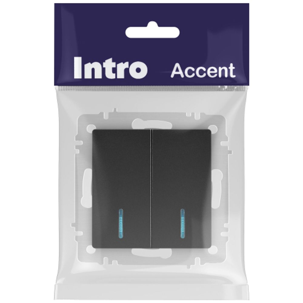 Выключатель Intro Accent 6-105-05 двойной с подсветкой, 10А-250В, IP20, СУ, AL/CU, антрацит